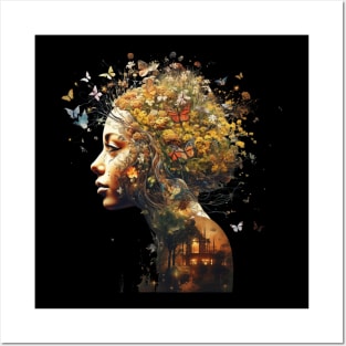 Woman With Flowers And Butterflies Surrounding Her Face Harmony of Life Posters and Art